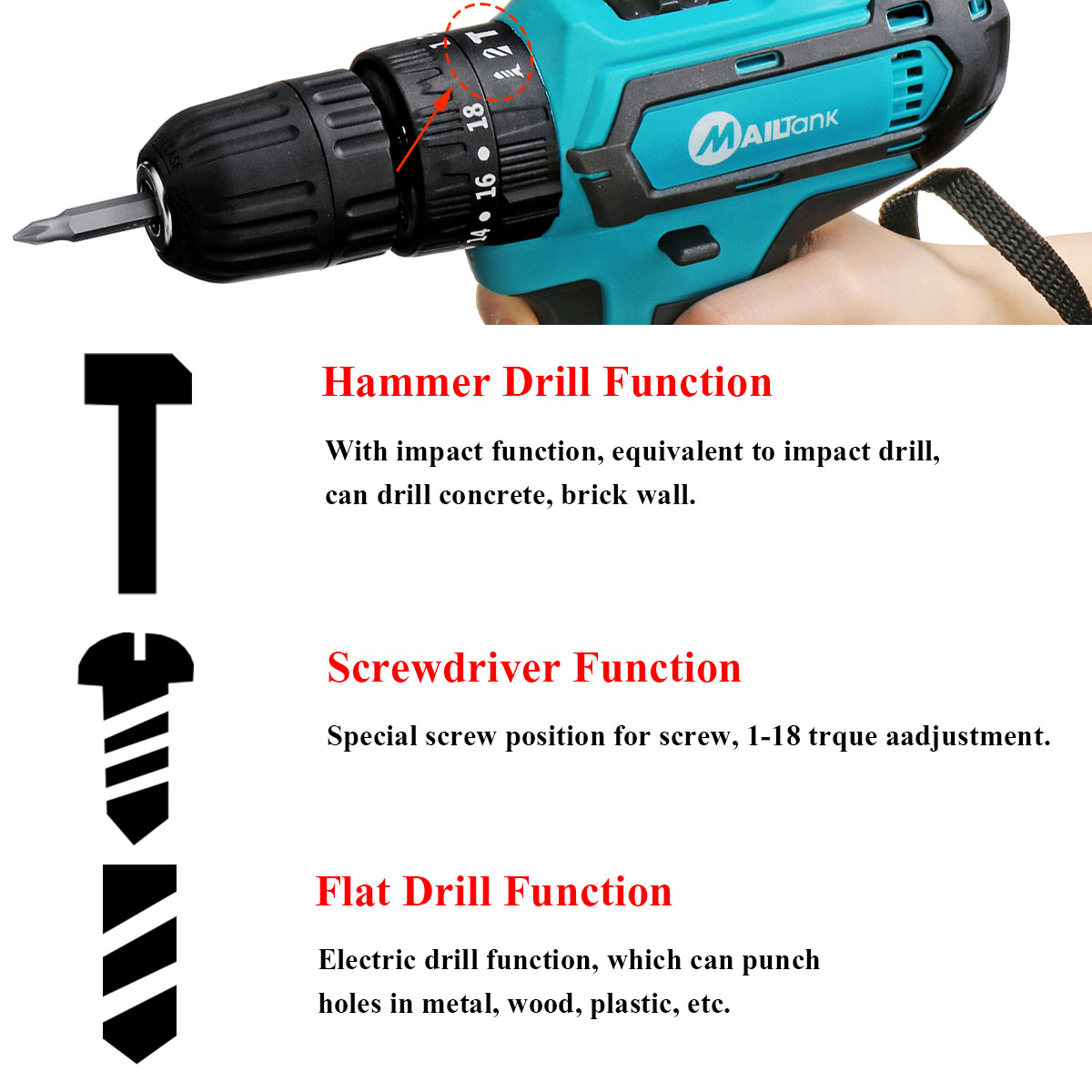 32V 2 Speed Power Drills 6000mah Cordless Drill 3 IN1 Electric Screwdriver Hammer Hand Drill 2 Batteries 16