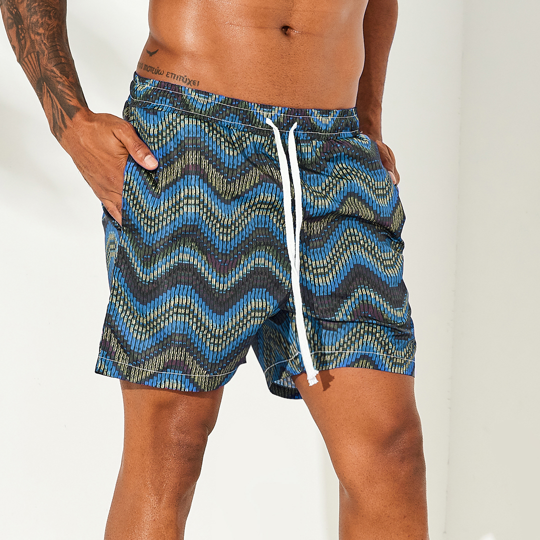 

Men Colorful Wave Print Drawstring Beach Relaxed Board Short
