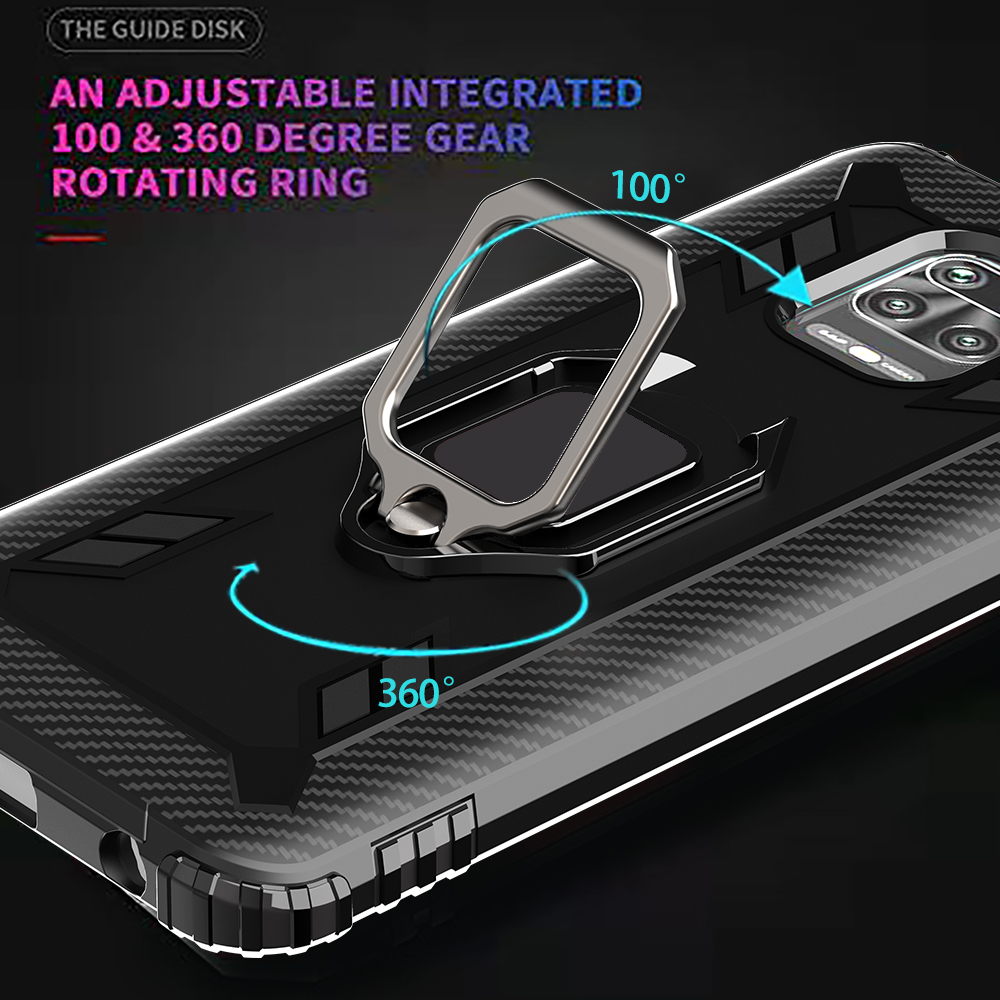 Bakeey for Xiaomi Redmi Note 9S / Xiaomi Redmi Note 9 Pro Case Carbon Fiber Pattern Armor Shockproof Anti-fingerprint with 360° Rotation Magnetic Ring Bracket PC Protective Case Non-original