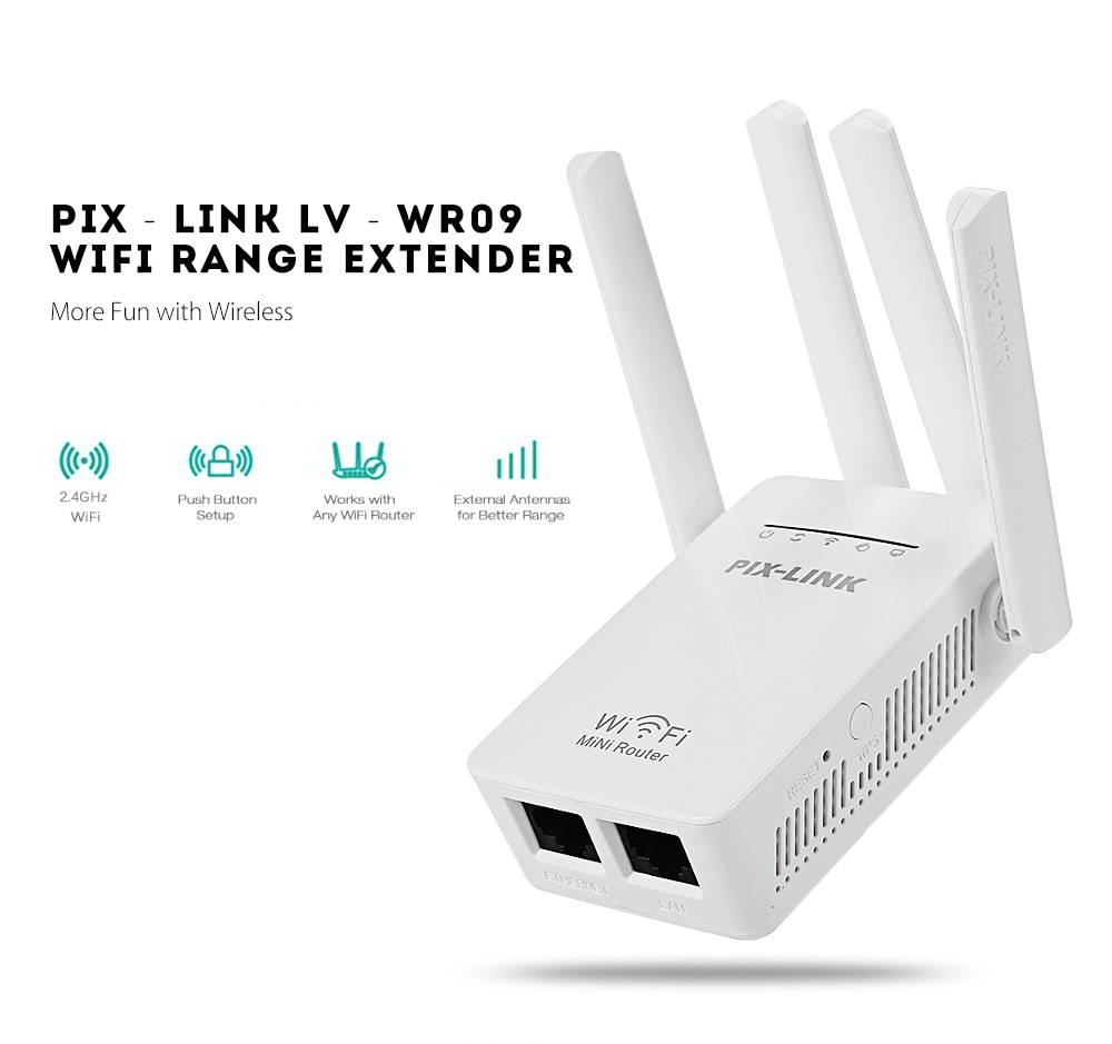 PIXLINK Network Repeater Wifi Extender Four Antenna Aignal Amplifier 300M Router Extender Wifi Repeater Wireless Internet Booster EU/AU/US/UK Plug Home