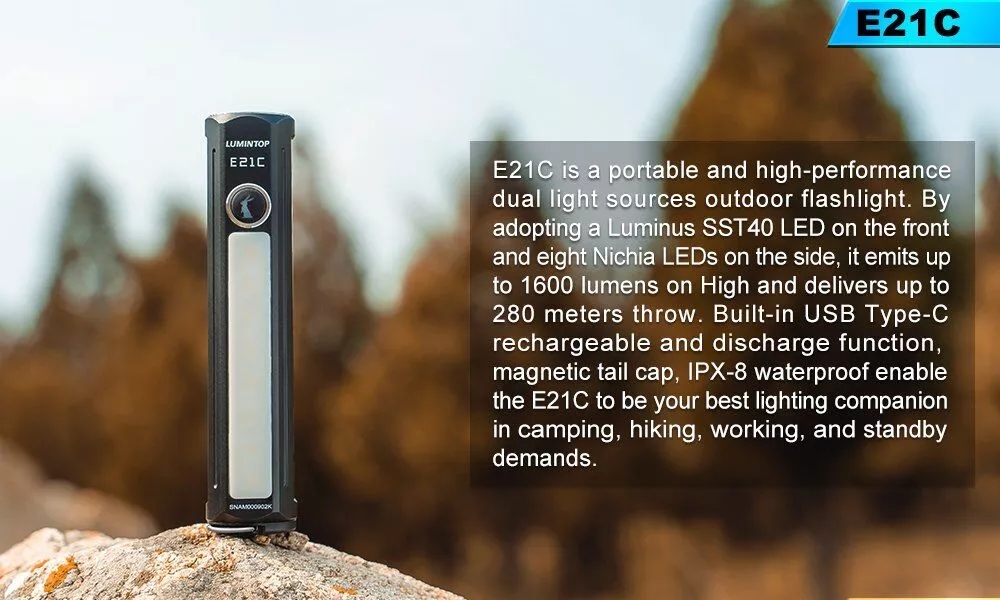 Lumintop E21C 1600lm SST40 EDC Flashlight with 4x High CRI Nichia Sidelight Type-C Rechargeable 21700/18650 Compact Mini LED Torch Magnetic Work Lamp