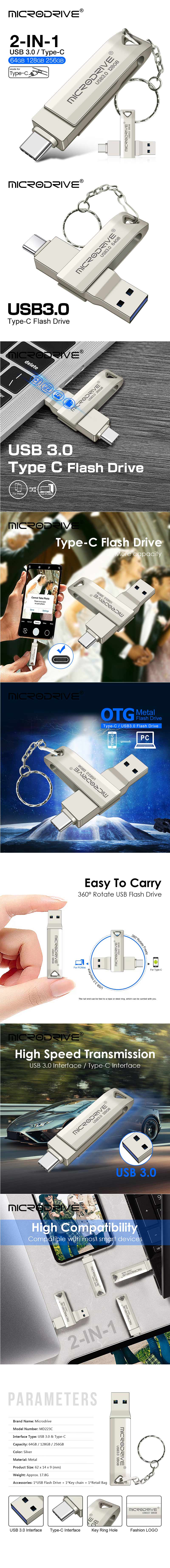 Microdrive MD223C USB3.0&Type-C Dual Metal Interface 64G 128G 256G High Speed Data Transmission Portable Memory U Disk for Phone Computer Tablet