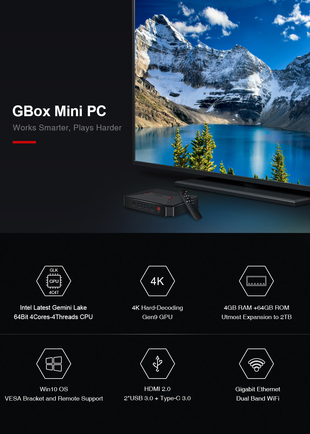 CHUWI GBox Mini PC Intel Gemini Lake N4100 4GB/64GB Extended HDD + SSD Dual Wifi 2.4G/5G Bluetooth 4 38