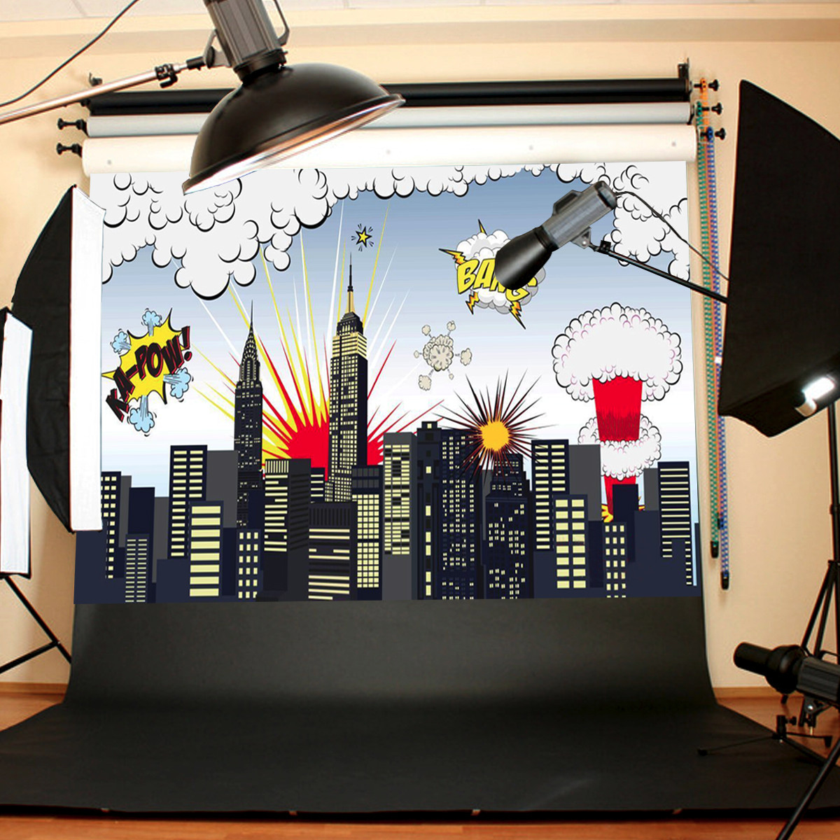 Tapeçaria fotográfica de super-heróis Grande cidade Superhero Fighting Print Pano de suspensão de parede Arte decoração de casa para decorações de Halloween