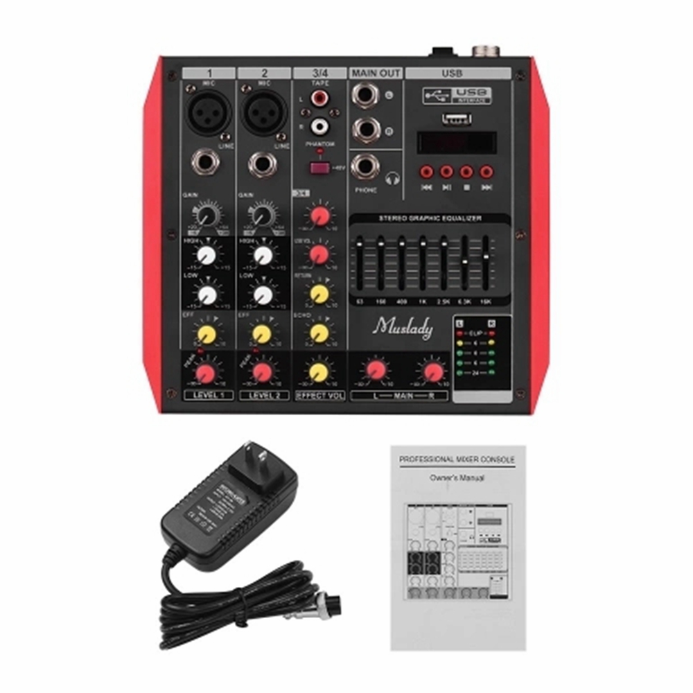 ELM D4 4 Channel Audio Bluetooth Mixer Mixing Console with 7-Band EQualizer USB Phantom Power 48V - Photo: 5