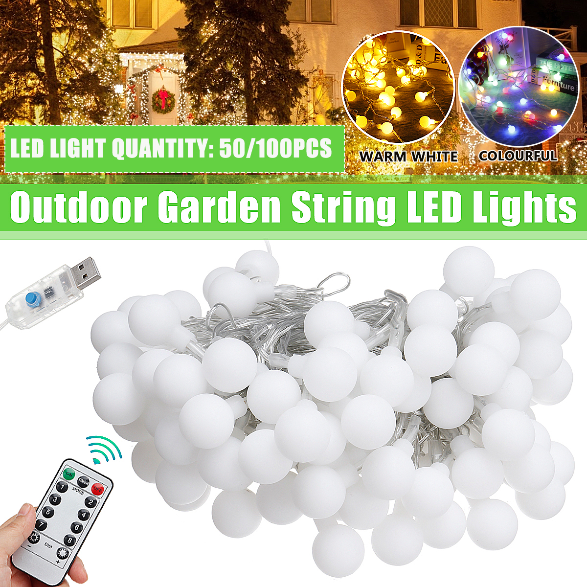 20/50/100LED Globe Bulb String Light USB Powered Outdoor Party Yard Room Decoration Fairy Lamp with Remote Control