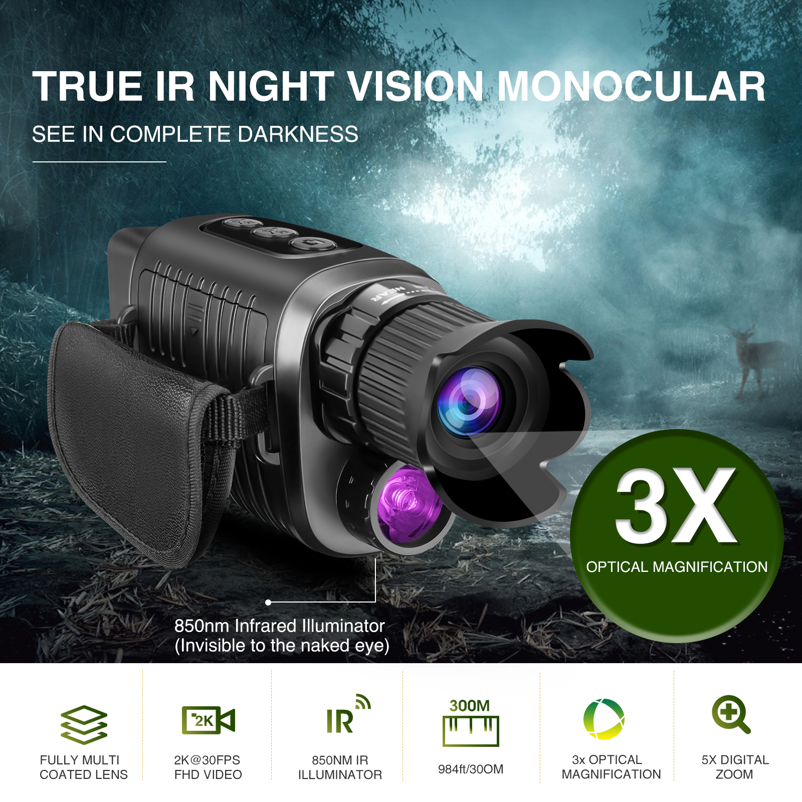 2K HD 5X Digital Zoom 850mm IR Night Vision Video Camcorder 1.5 inch HD LCD Display Vlogging Camera for YouTube with 32G Memory Card
