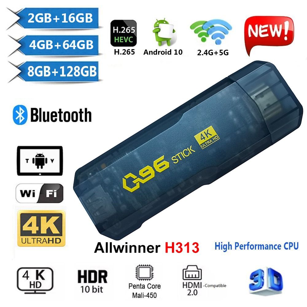 Q96 Dongle Smart TV Box Android Allwinner H313 Quad Core 2.4G Single-band Wi-Fi 4K HDR Set Top Box 2GB+16GB Home TV Stick H.265