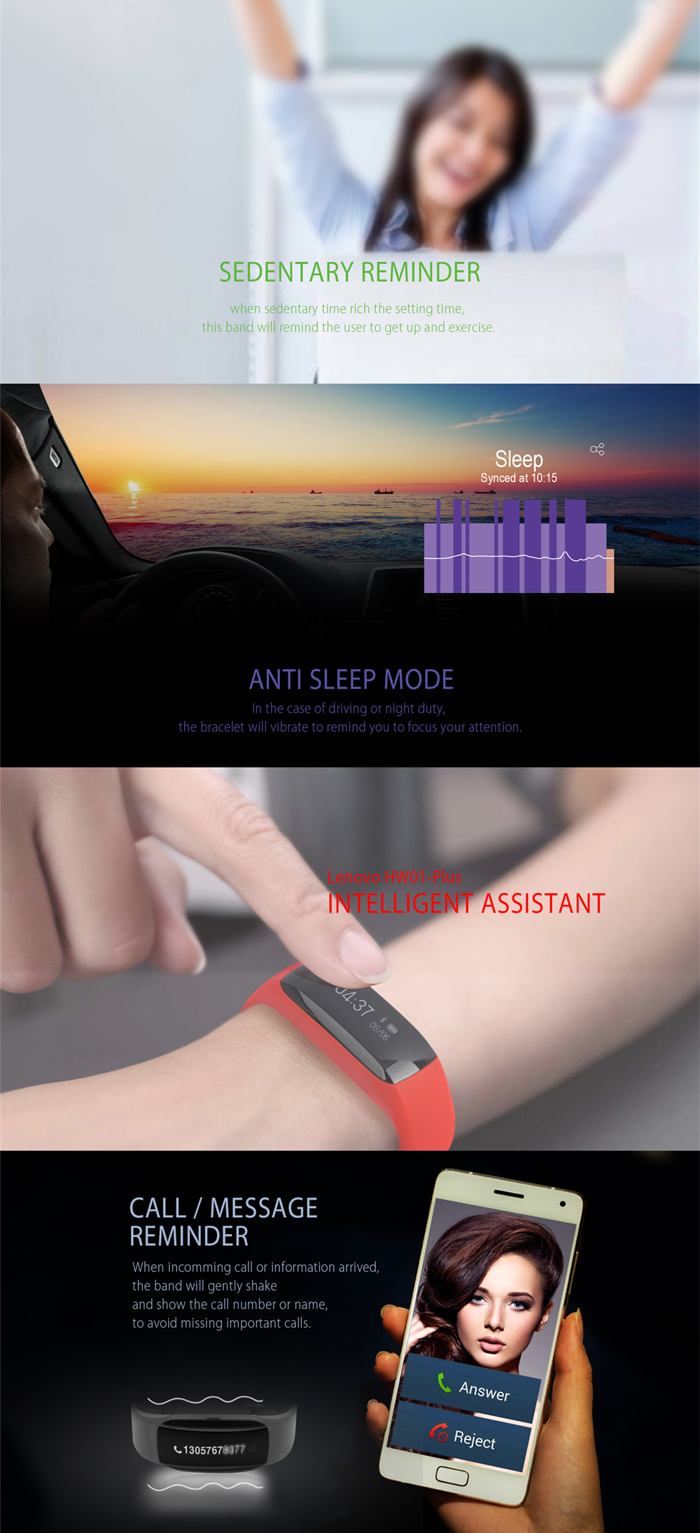 Lenovo HW01 PLUS Heart Rate Sleep Monitor Fitness Smart Wristband Watch for iOS Android