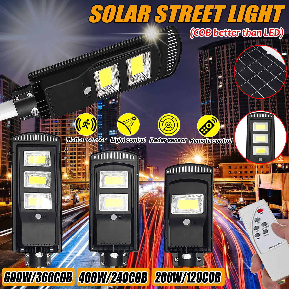 120/240/360COB Solar Powered PIR Motion Wall Street Light Lamp for Garden Road