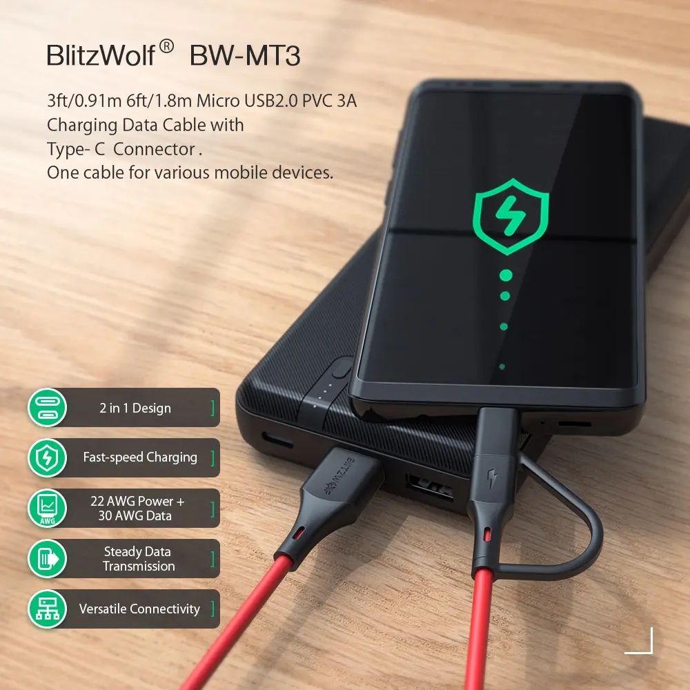 [10 Pack] BlitzWolf® BW-MT3 3A 2-in-1 Data Cable Type C Micro USB Fast Charging Adapter 0.9m/3ft For OnePlus 8Pro HUAWEI P40 Pro Pocophone F1 S20+ 5G