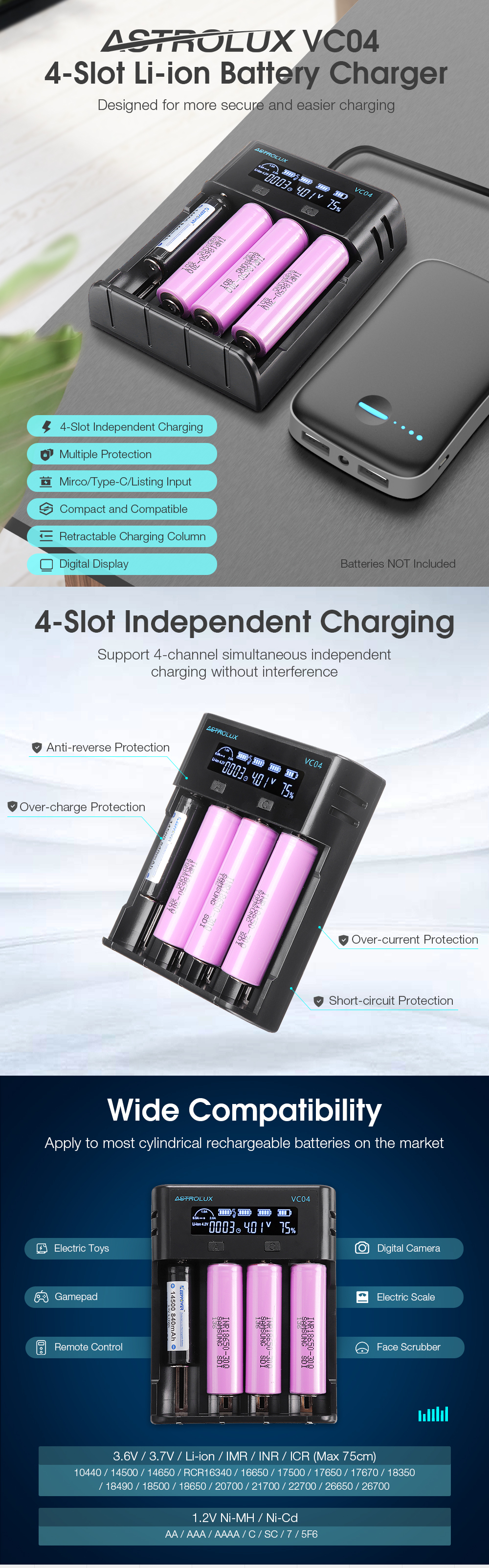 Astrolux® VC04 Micro Type-C 2A Quick Charge Li-ion Ni-MH Battery Charger Current Optional USB Charger For 18650 26650 21700 AA AAA Battery