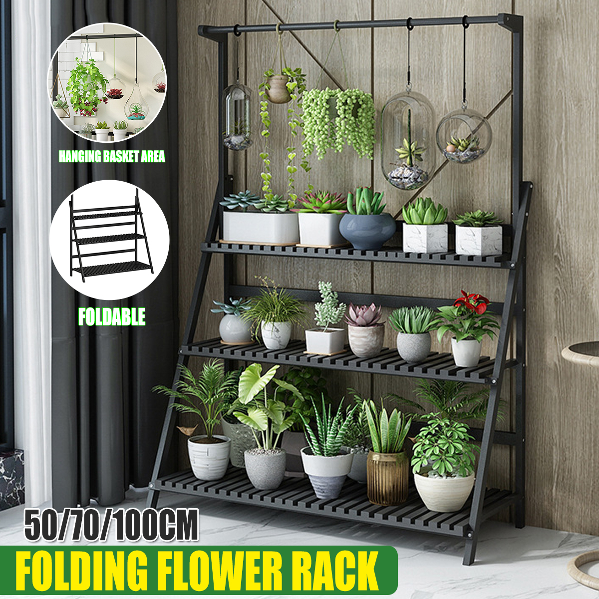 Three layer folding Flower Shelf Balcony 50cm 70cm 100cm Simple Indoor Hanging Plant Stand Flower Pot Organizer Storage Rack