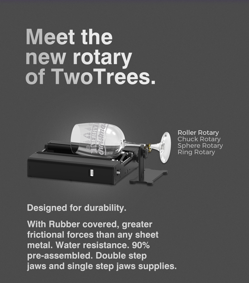 TWOTREES® TR2 Pro Roller Rotary 4 In 1 Chuck Rotary Fourth Axis Rotating Module for Laser Engravers laser rotation, laser rotary roller, jaw chuck rotation, engraving cylindrical objects, wine glass, tumbler, ring, ball