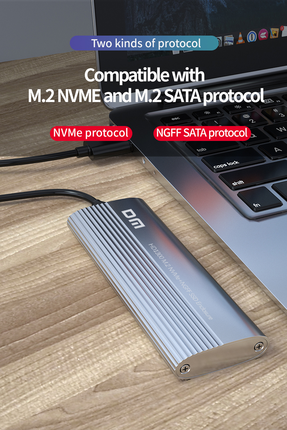 DM Dual Protocol M.2 NVME NGFF SSD Enclosure Case 10Gbps USB3.2 & Type-C Solid State Hard Disk Box HD1300