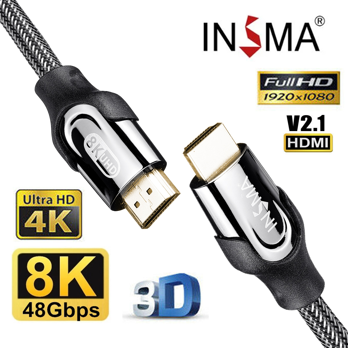 INSMA 8K HDMI 2.1 Cable 0.5/1/1.5/2/3m HDMI Male to HDMI Male Cable 1080P 8K 60HZ 48Gbps Gold Plated Connector