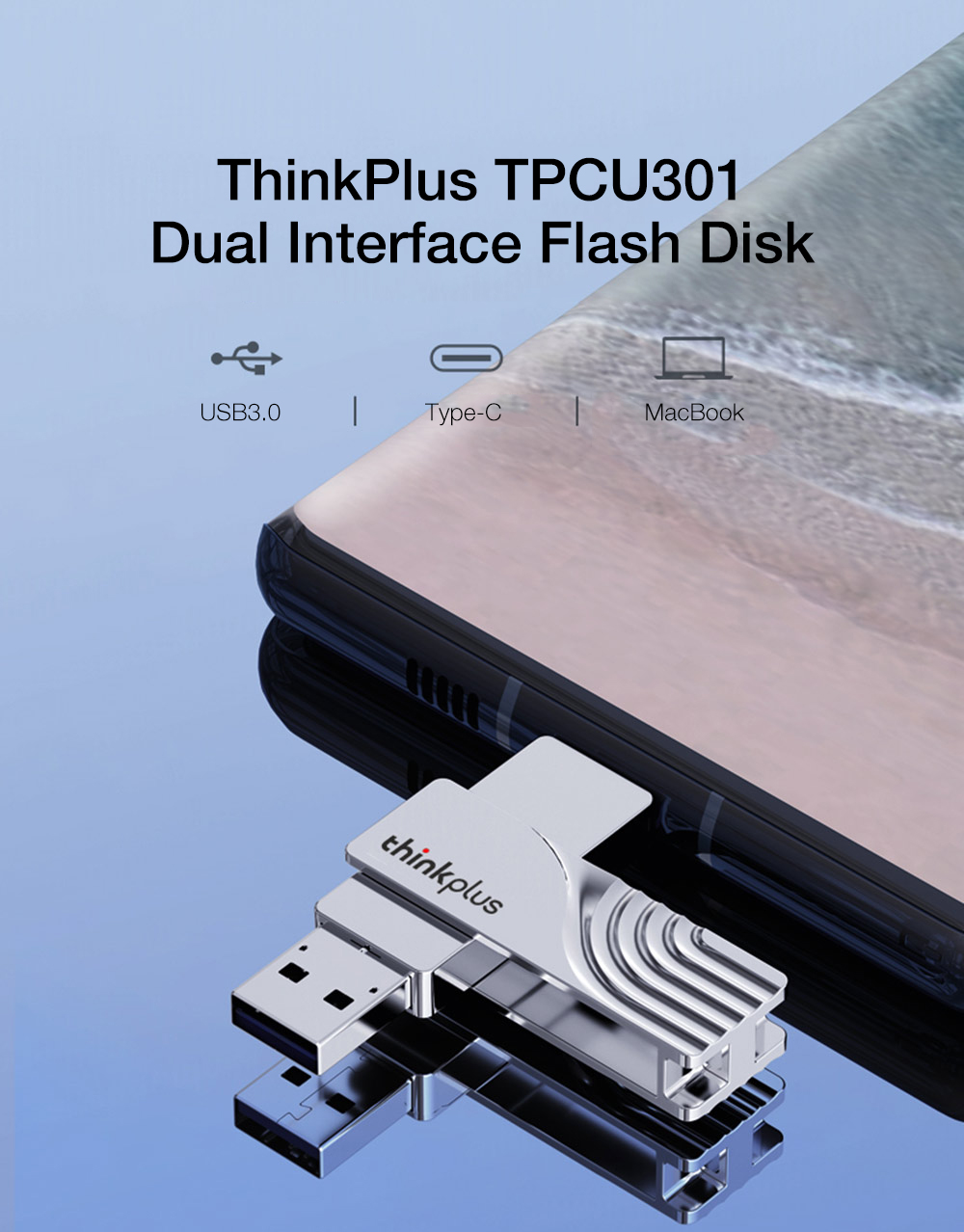 Lenovo ThinkPlus TPCU301 2 In 1 Type-C USB3.0 Flash Drive 32G 64G 128G 256G 360° Rotation Zinc Alloy USB Disk Portable Thumb Drive for Computer Phone