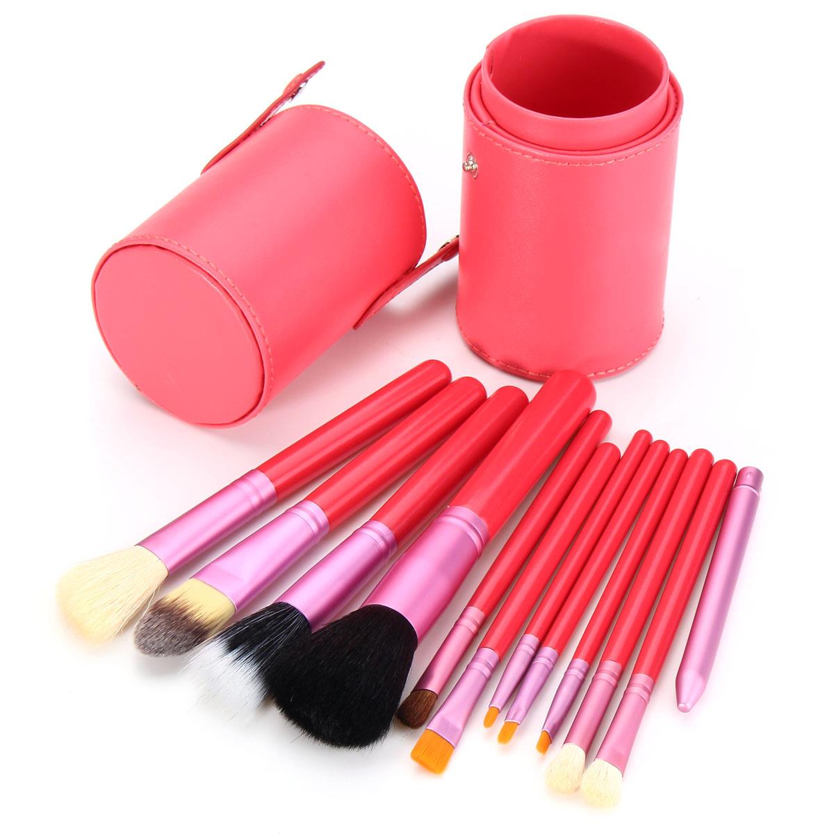 12pcs Pink Makeup Cosmetic Brush Set Blush Eyeliner Brush Cylinder Container Leather Case Aluminum