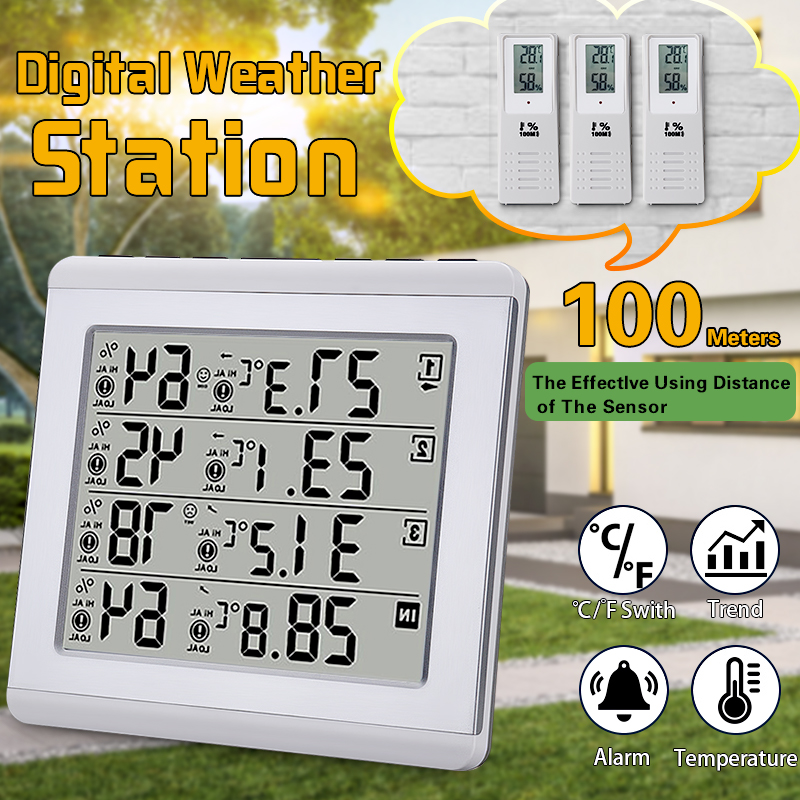3 Sensors Wireless Digital Alarm Thermometer Indoor Outdoor Audible Indicator 54