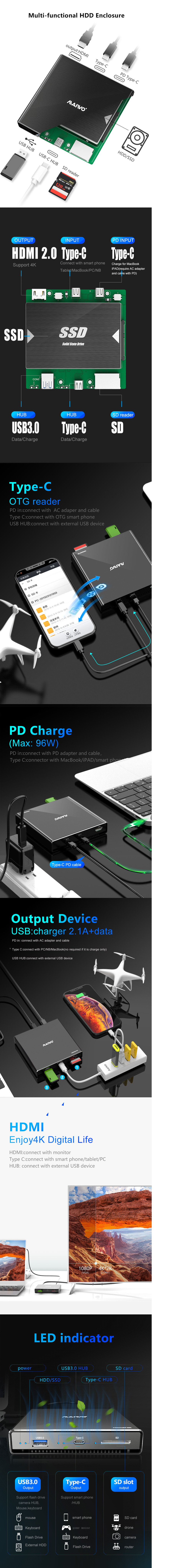MAIWO HDD Enclosure SD Card Reader USB Hub Type-C OTG Reader PD Charge HD Converter