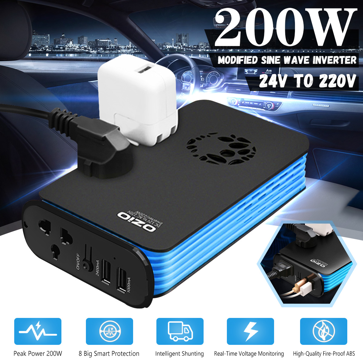 Smart 24V to 220V 200W Modified Sine Wave Inverter 2X USB Ports Power Inverter