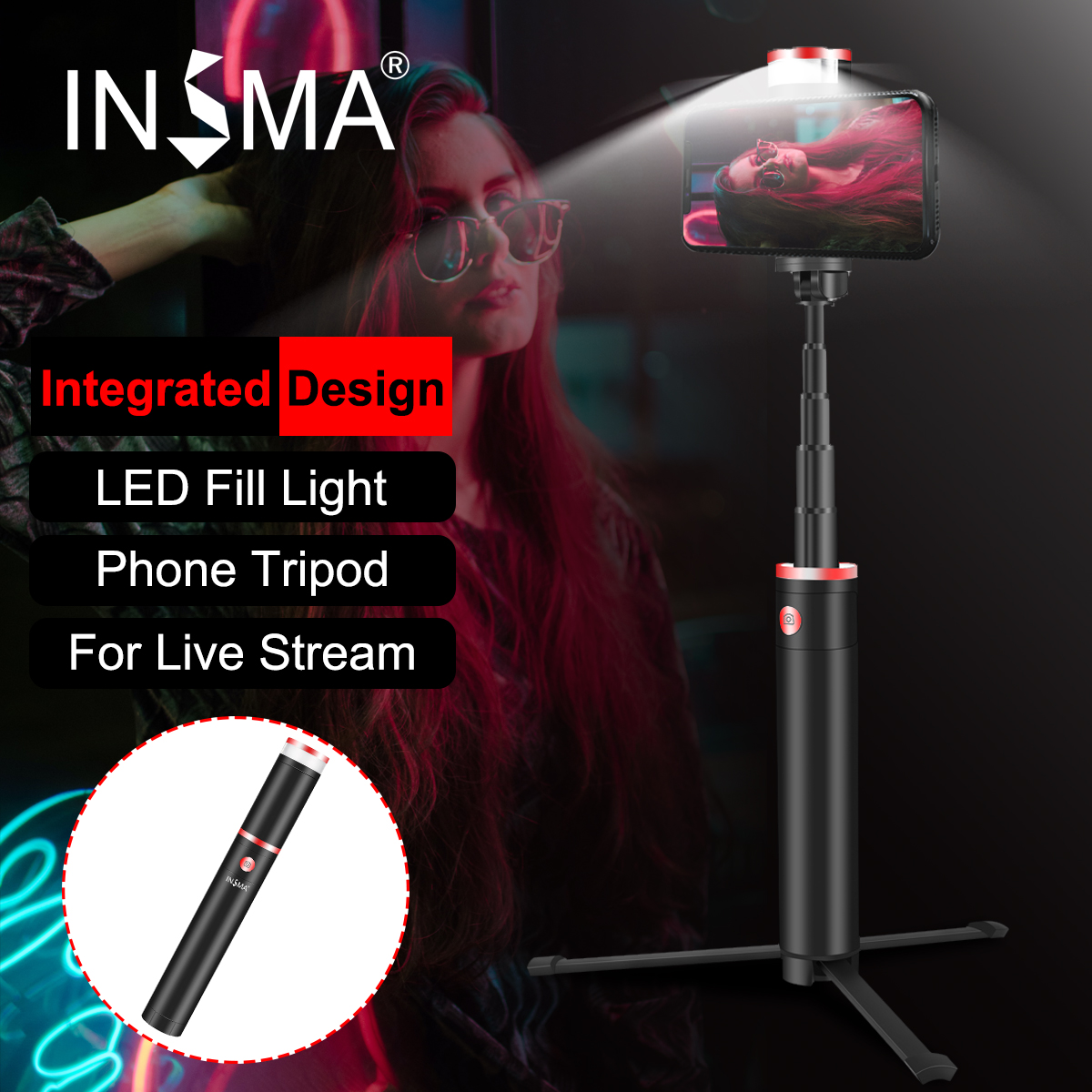 INSMA INS-10 All In One LED Fill Light Selfie Stick Extendable bluetooth Remote Control Tripod for Live Stream Phones Sport