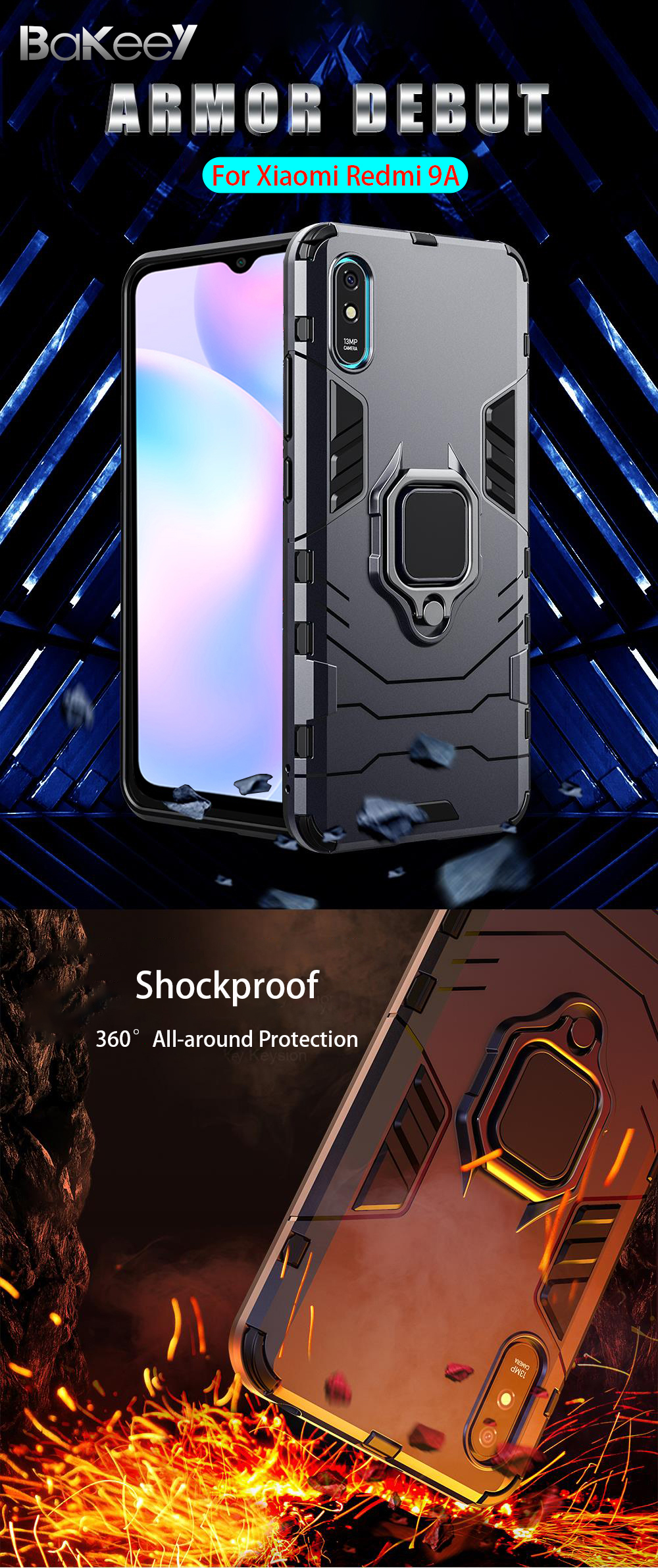 Bakeey Armor Shockproof Magnetic with 360 Rotation Finger Ring Holder Stand PC Protective Case for Xiaomi Redmi 9A Non-original