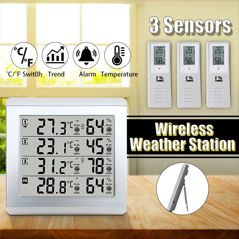 3 Sensors Wireless Digital Alarm Thermometer Indoor Outdoor Audible Indicator 14
