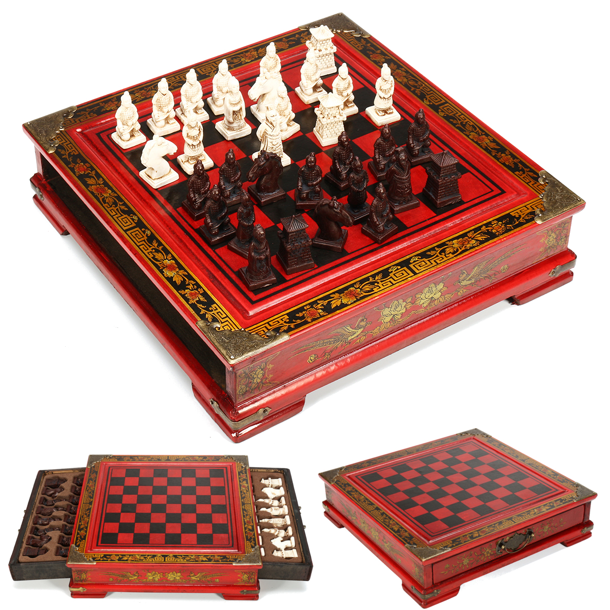 Foldable Vintage Chinese Chess Set Board Game Wood Chess Pieces Collectibles 