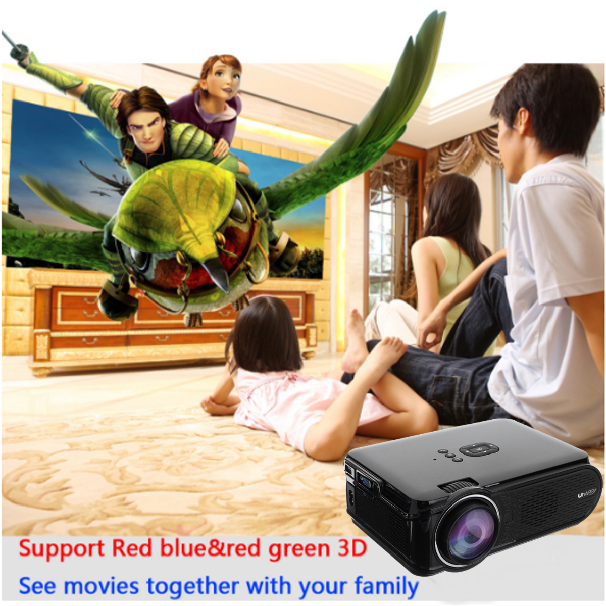 UHAPPY U90 Black Android 6.0 2000 Lumens LED WiFi bluetooth 4.0 Projector 800 x 480 Support 1080p 21