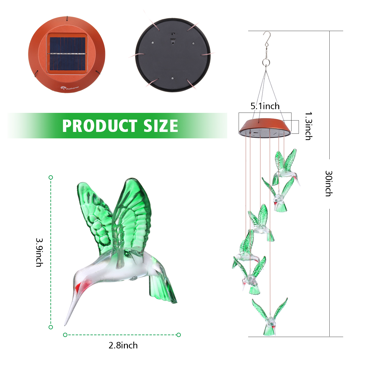 Wind Chime Solar Hummingbird Wind Chimes Outdoor/Indoor Light Color Changing LED Solar Wind Chime Gift for Mom & Grandma for Decor Yard Decorations