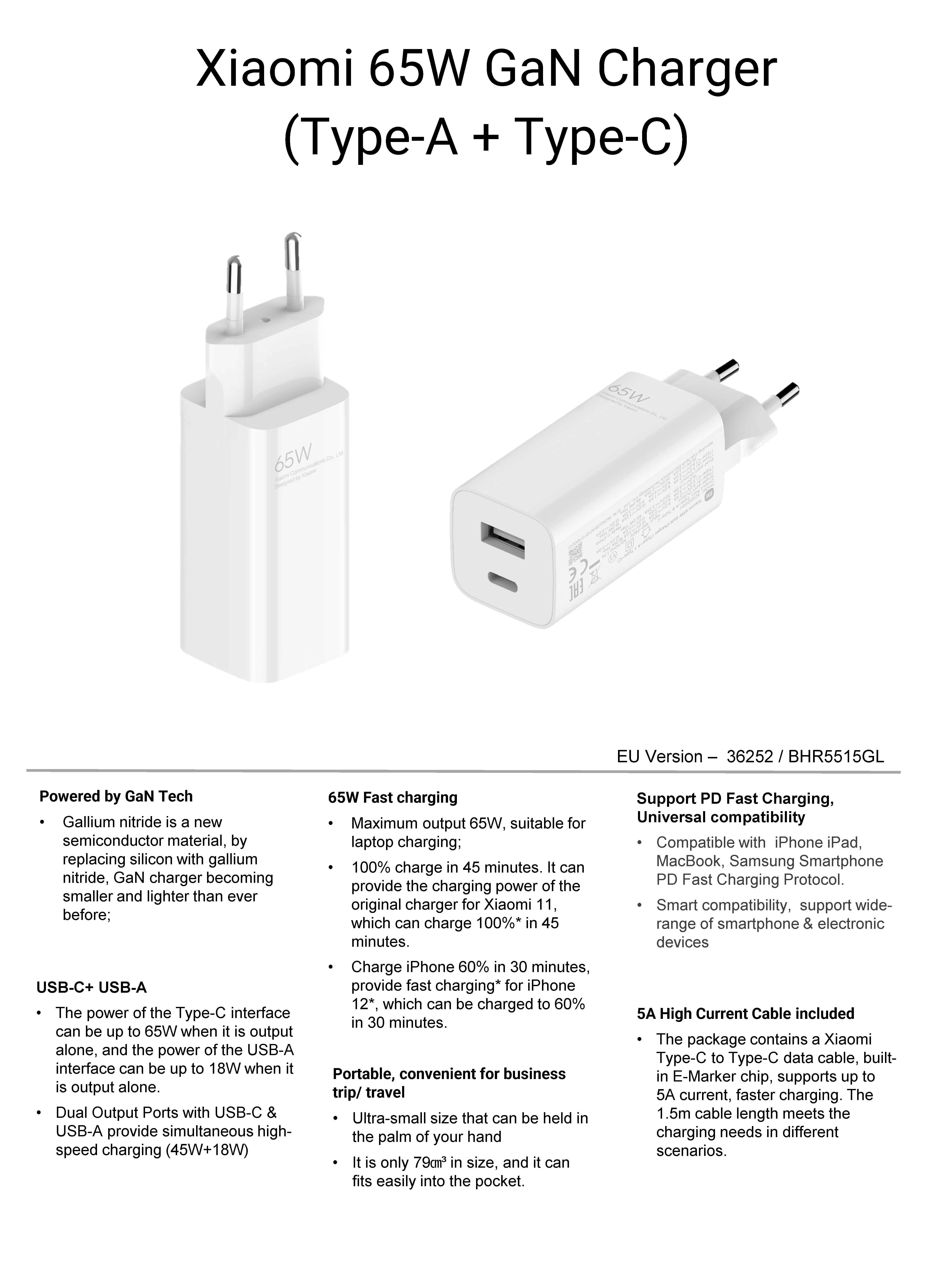 Original Xiaomi 2-Port 65W GaN Charger 65W USB-C PD & 18W USB-A Fast Charging For iPhone 13 Pro Max For Xiaomi 12 For Samsung Galaxy S21 5G