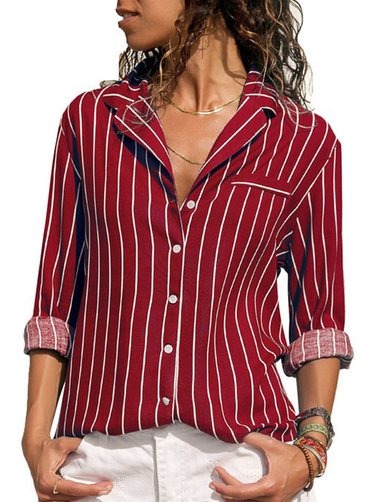 Women Long Sleeve Turn-Down Collar Casual Stripe Blouse