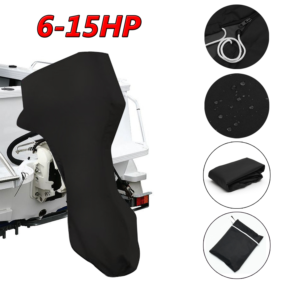 600D Black Boat Full Outboard Engine Cover Fits For 6 To 15HP Motor Waterproof