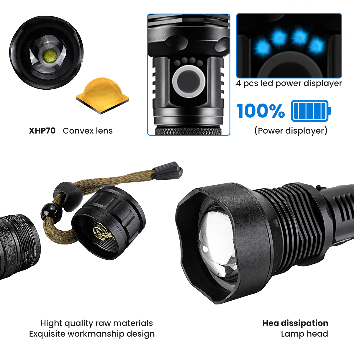 XHP70.2 900LM Zoomable LED Flashlight Kit with 2x 26650 Li-ion Battery USB Rechargeable Super Bright LED Searchlight For Cycling Fishing Hunting