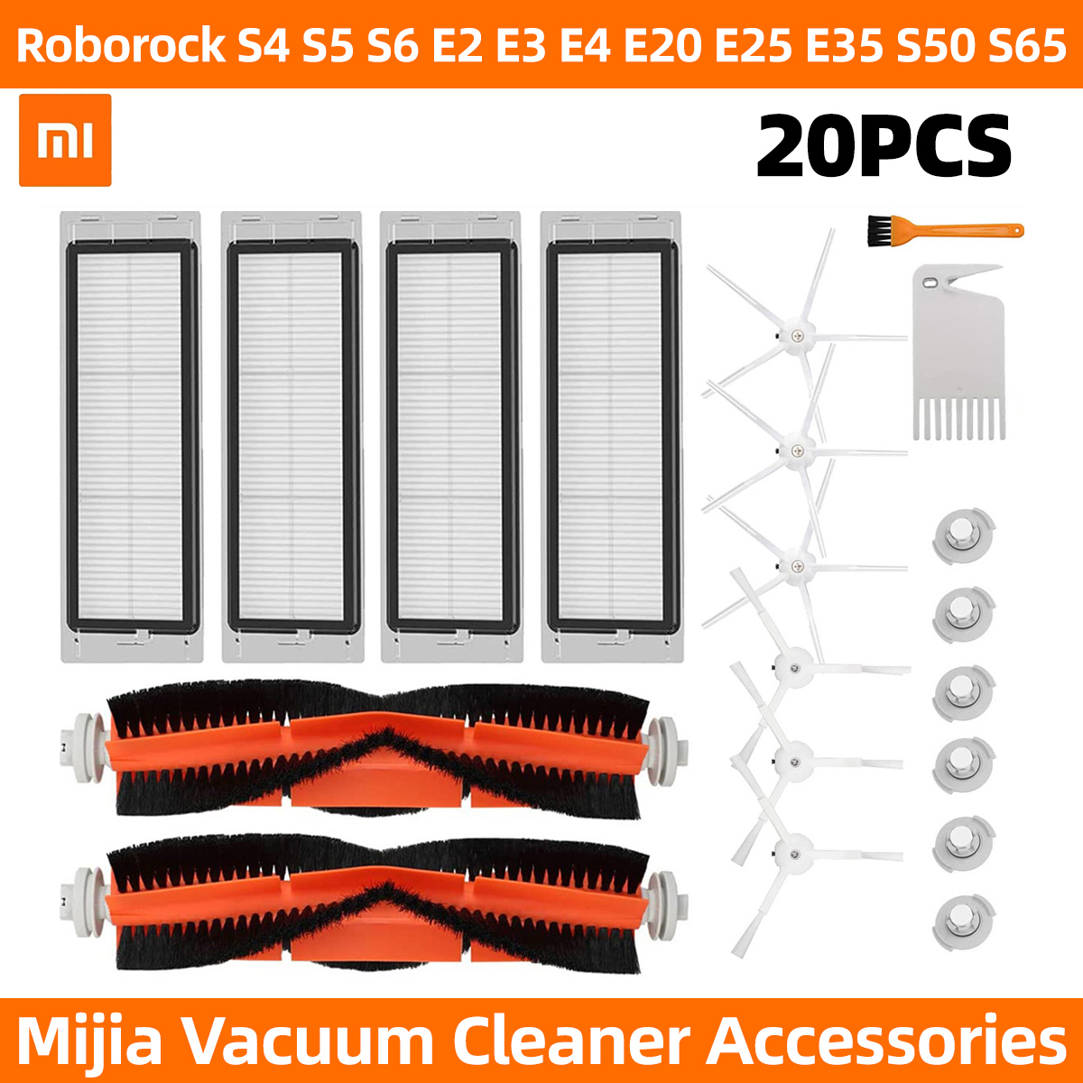 20pcs Replacements for Roborock S4 S5 S6 E4 E20 E25 E35 S50 S65 Xiaomi Mi Mijia Robotic Vacuum Cleaner Parts Accessories Roller Brush*2 Side Brush*6 Filter*10 Cleaning Tool*2 [Not-original]