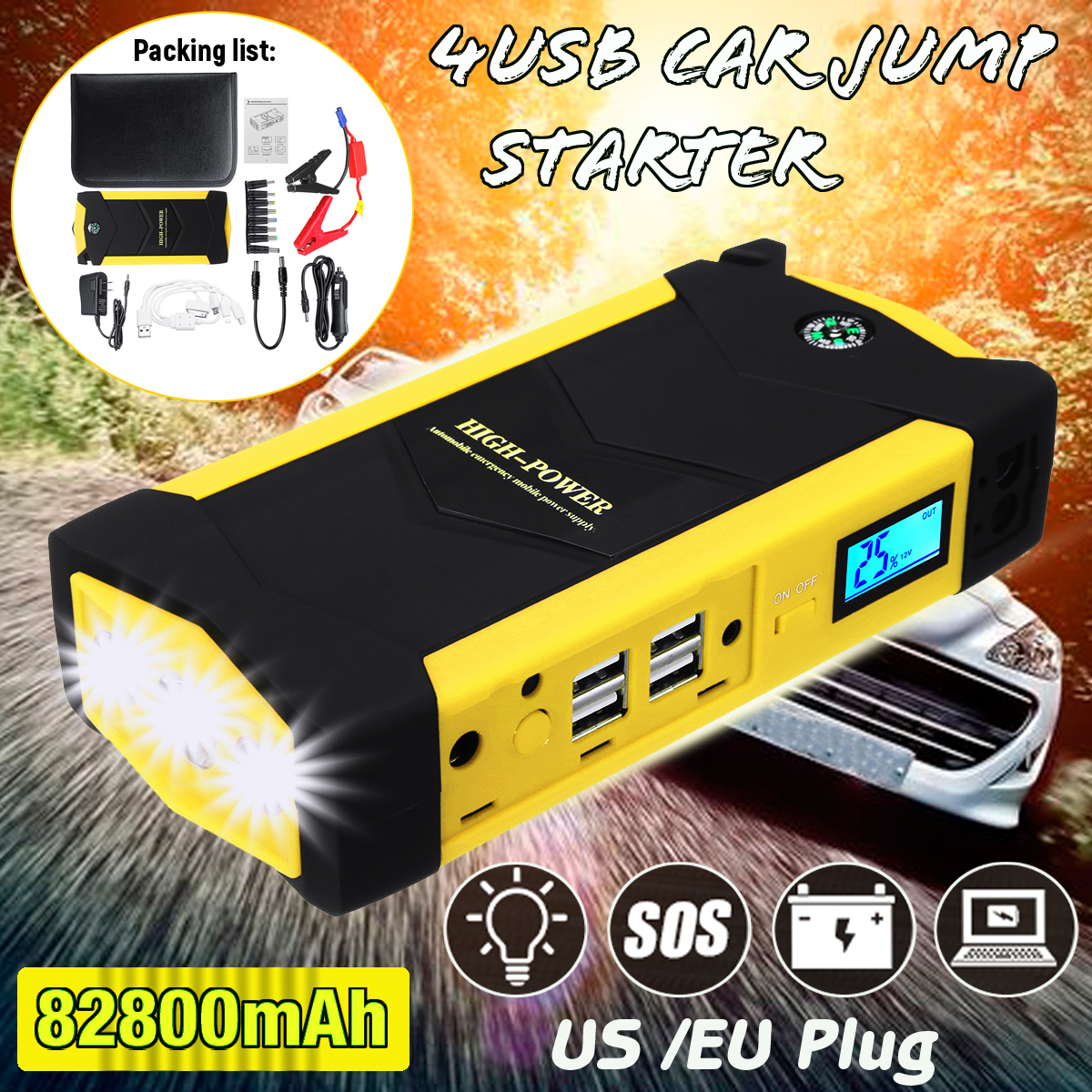 4USB Car Jump Starter 82800mAh Jump Starter Battery Pack Portable Boaster Power Bank Dual Start