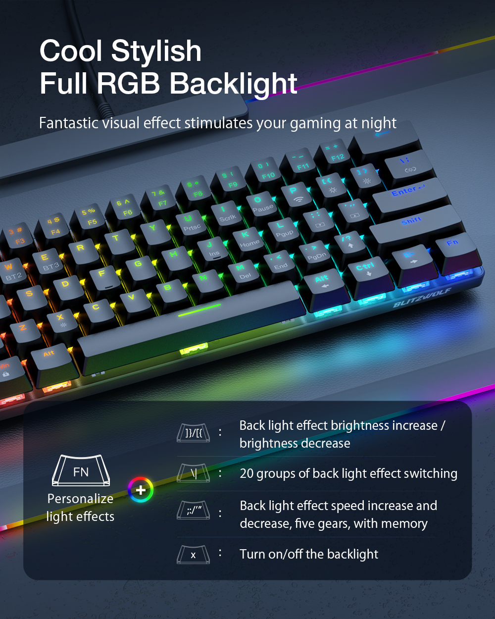 BlitzWolf BW-KB0 61 Keys bluetooth 5.0 RGB Mechanical Keyboard Hot Swappable Wired Dual Mode 60% Gaming Keyboard With Software For Mac/Win