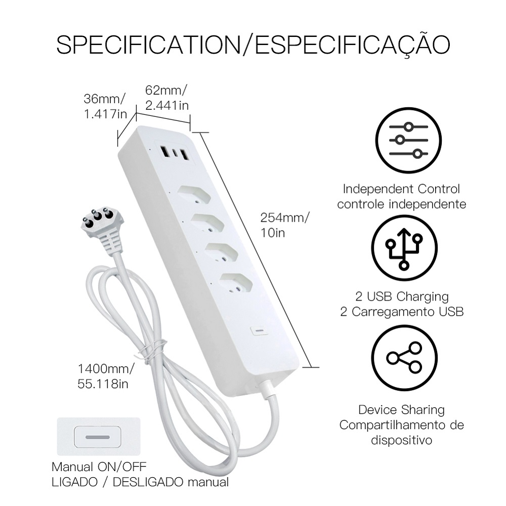 110-240V Tuya Smart Wifi Brazil Standard Socket 4 Outlets + 2 USB Charging Port + 1 Type-C App Remote Control Works with Alexa Google Home