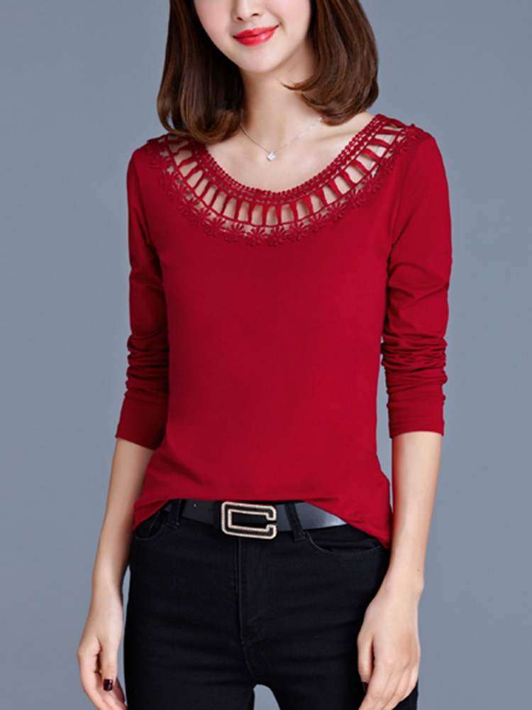 

Casual Women Round Neck Hollow Out Long Sleeve Pure Color T-shirts