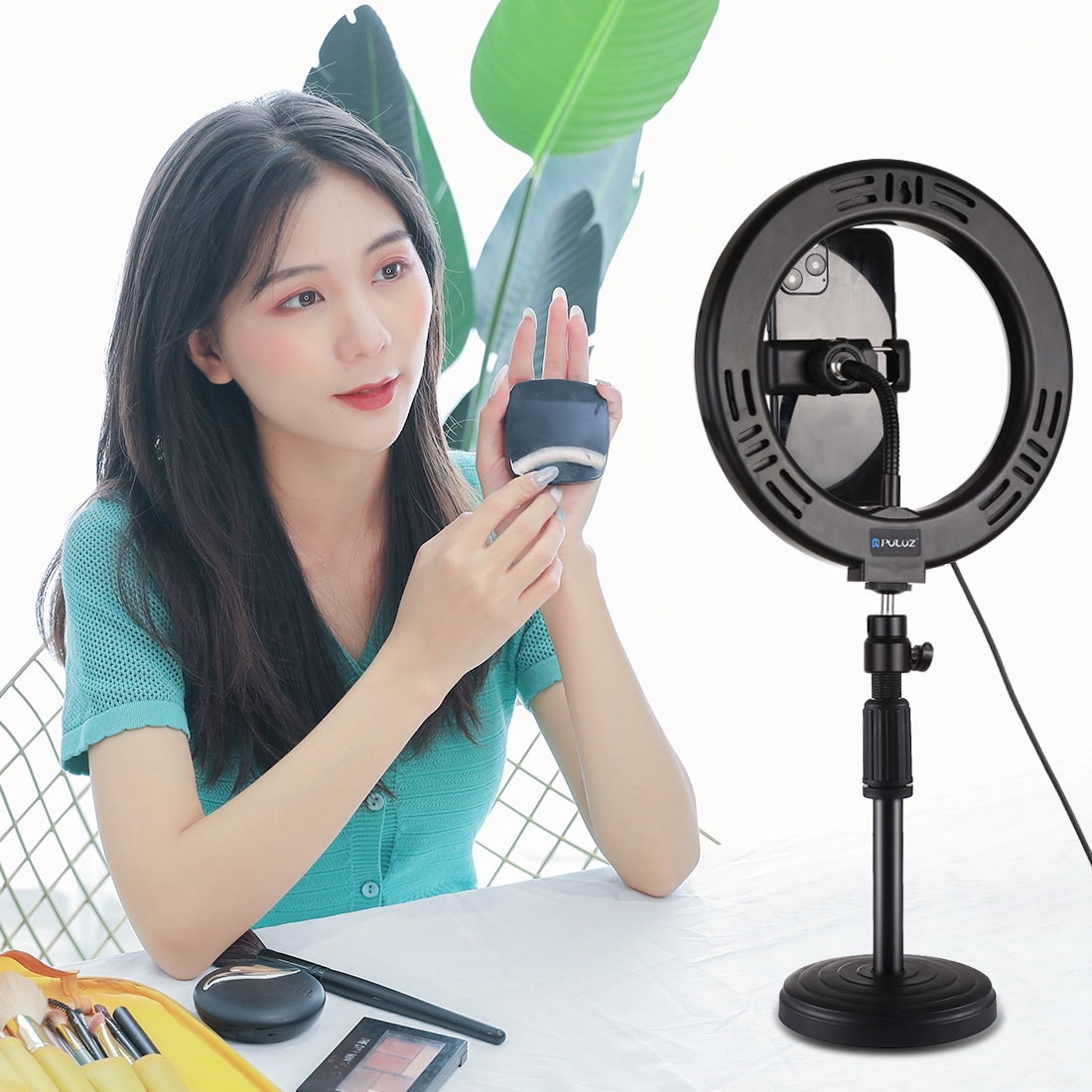 PULUZ PKT3079B 7.9 Inch 3 Modes Dimmable USB LED Curved Ring Light with Round Base Desktop Mount Phone Holder for Selfie Youtube Vlog