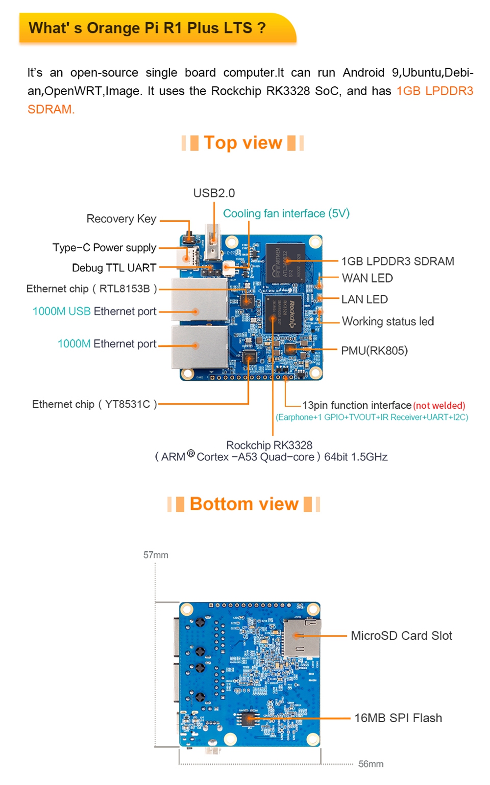 Orange Pi R1 Plus LTS 1GB RAM Rockchip RK3328 Open Source Single Board Computer Android 9 Ubuntu Debian OS Development Board