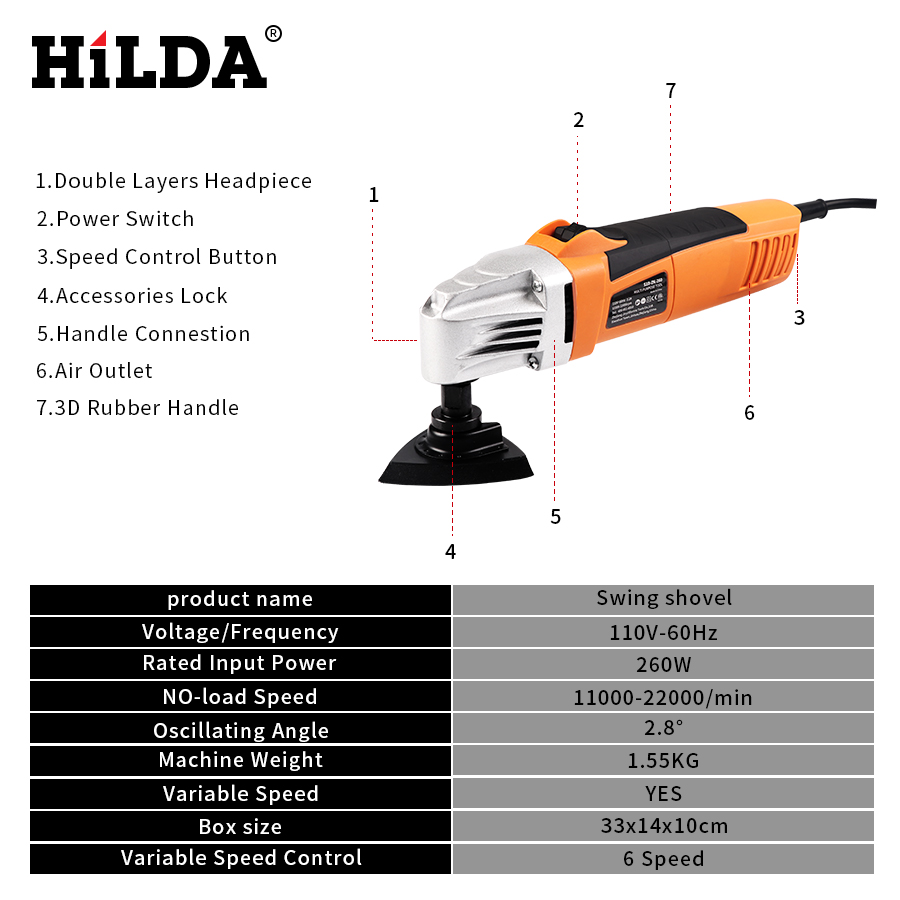 HILDA 110V 260W 11000-21000rpm Trimming Machine Oscillating Multi Saw Oscillating Power Tool