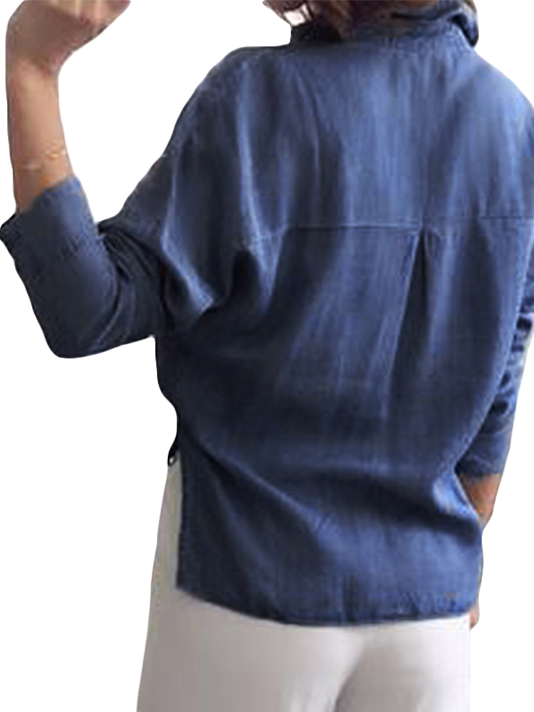 Women Casual Button Long Sleeve Asymmetric Denim Blouse
