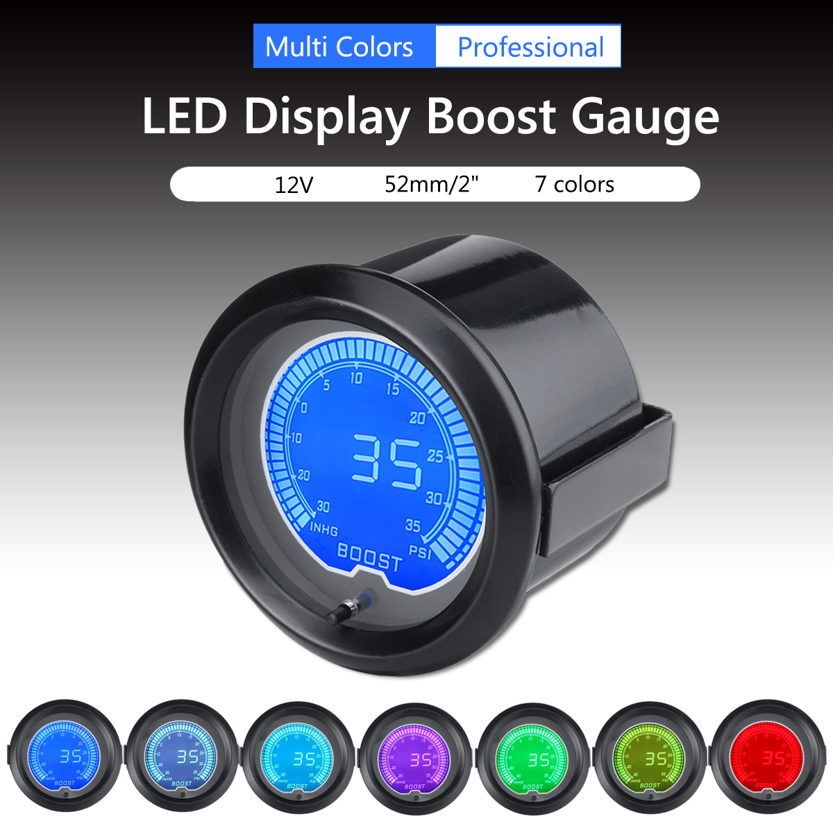 2" 52mm Digital & Pointer 7 Color LED Car Turbo Boost Meter Psi Pressure Gauge