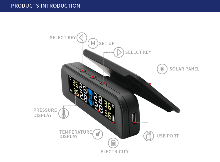 T260 Solar Tire Pressure Monitor System Real-time Tester LCD Screen 4 External Sensors Auto Power On Off