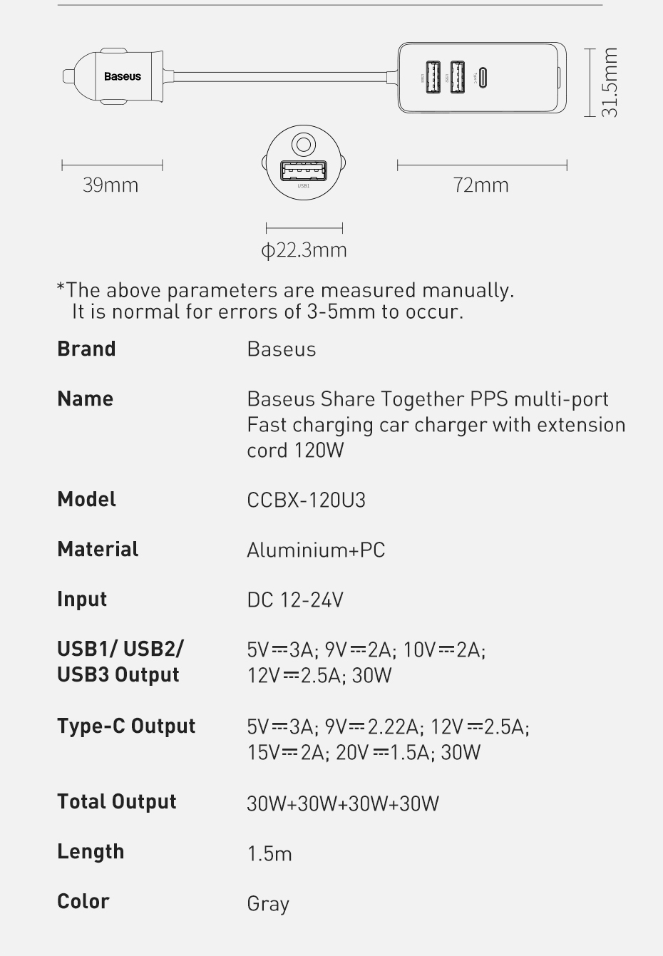 Baseus 120W 4-Port 2 USB + 2 Type-C Car Charger PPS PD QC3.0 FCP AFC Fast Charging 1.5m Long Cable