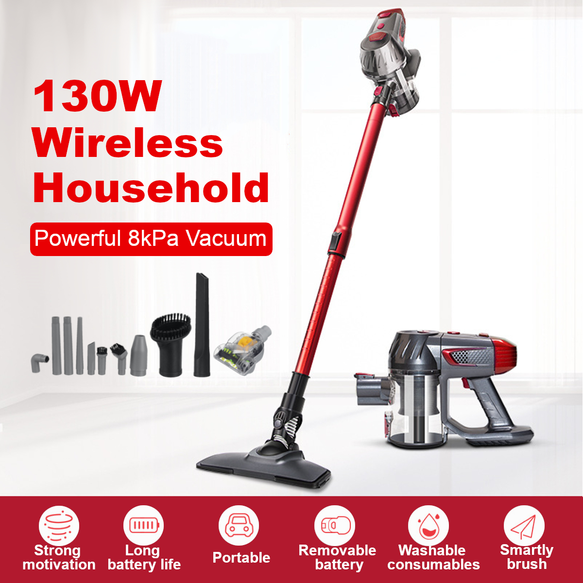 ZEK Cordless Stick Handheld Vacuum Cleaner 8000Pa Powerful Suction 130W Washable Filter for Home Hard Floor Carpet Car Pet