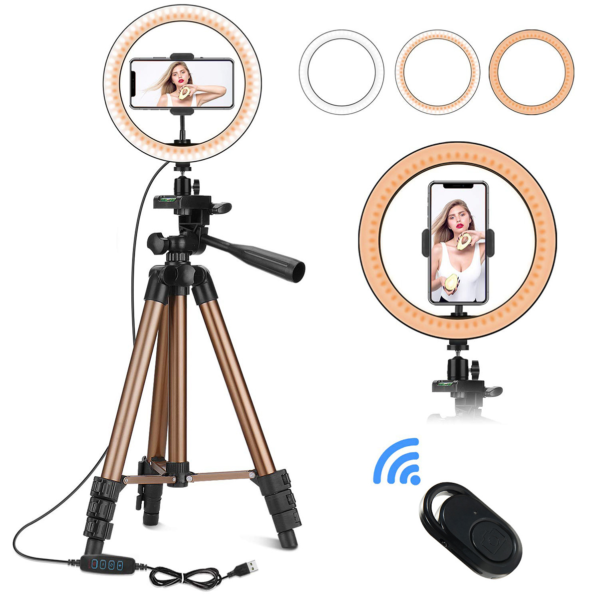 Controllable 6 inch 10 inch LED Selfie Ring Light + Tripod Stand + Phone Holder Photography YouTube Video Makeup Live Stream with Remote Shutter for iPhone Android Smart Phones