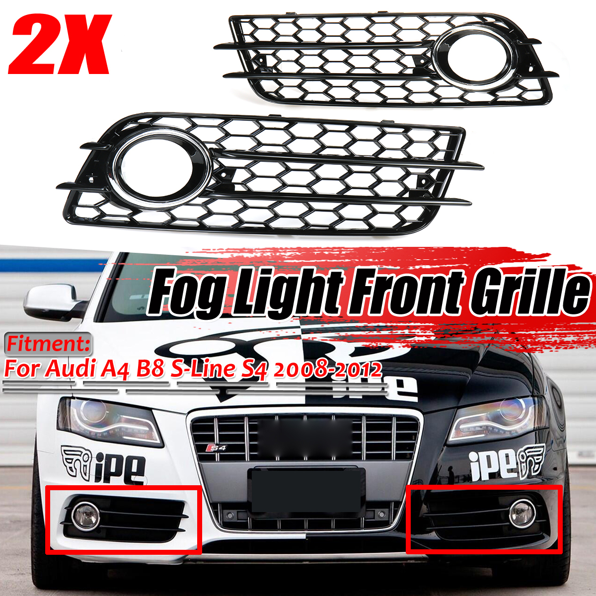 Plating Front Fog Light Cover Honeycomb Hex Grille Grill For Audi A4 B8 S-Line S4 2008-2012